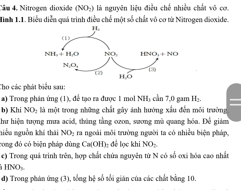 Nitrogen dioxide (NO_2) là nguyên liệu điều chế nhiều chất vô cơ.
Hình 1.1. Biểu diễn quá trình điều chế một số chất vô cơ từ Nitrogen dioxide.
Cho các phát biểu sau:
a) Trong phản ứng (1), để tạo ra được 1 mol NH_3 cần 7,0 gam H_2.
b) Khí NO_2 là một trong những chất gây ảnh hưởng xấu đến môi trường
Khư hiện tượng mưa acid, thủng tầng ozon, sương mù quang hóa. Để giảm
hiều nguồn khí thải NO_2 ra ngoài môi trường người ta có nhiều biện pháp,
rong đó có biện pháp dùng Ca(OH)_2 để loc khí NO_2.
c) Trong quá trình trên, hợp chất chứa nguyên tử N có số oxi hóa cao nhất
à HN JO_3.
d) Trong phản ứng (3), tổng hệ số tối giản của các chất bằng 10.