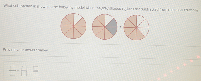 What subtraction is shown in the following model when the gray shaded regions are subtracted from the initial fraction? 
-= 
Provide your answer below:
 □ /□  - □ /□  = □ /□  