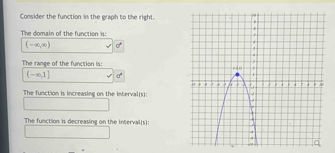 Consider the function in the graph to the right. 
The domain of the function is:
(-∈fty ,∈fty )
sigma^4
The range of the function is:
(-∈fty ,1]
sigma^4
The function is increasing on the interval(s): 
The function is decreasing on the interval(s):