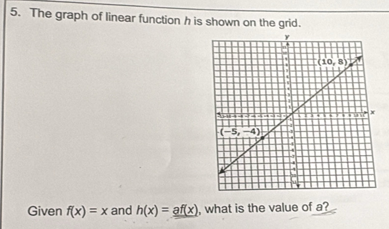 The graph of linear function h is shown on the grid.
Given f(x)=x and h(x)=_ _ af(x) , what is the value of a?