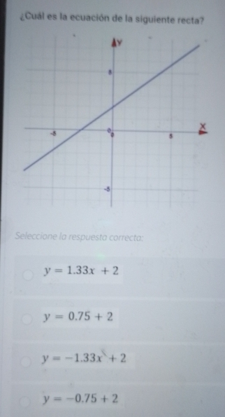 ¿Cuál es la ecuación de la siguiente recta?
Seleccione la respuesta correcta:
y=1.33x+2
y=0.75+2
y=-1.33x+2
y=-0.75+2