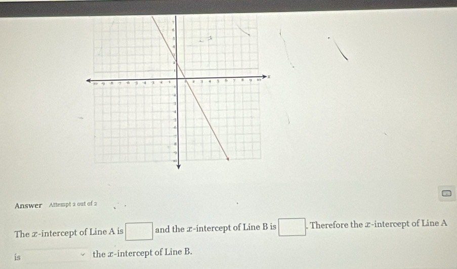 Answer Attempt 2 out of 2 
The x-intercept of Line A is □ and the x-intercept of Line B is □. Therefore the x-intercept of Line A
is the x-intercept of Line B.