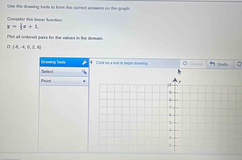 Use the drawing tools to form the correct answers on the graph. 
Consider this linear function:
y= 1/2 x+1. 
Plot all ordered pairs for the values in the domain. 
D:  -8,-4,0,2,6
Drawing Tools Click on a tool to begin drawing. Delsts Undo 
Select 
Point