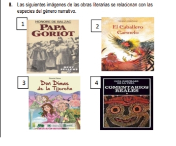 Las siguientes imágenes de las obras literarias se relacionan con las 
especies del género narrativo. 
1 HONORE DE IALZAC El Caballero 
Papa 2 
Goriot Carmelo 
3 Don Dimas 4 COMENTARIOS 
de la Tijereta REALES