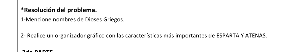 Resolución del problema. 
1-Mencione nombres de Dioses Griegos. 
2- Realice un organizador gráfico con las características más importantes de ESPARTA Y ATENAS.