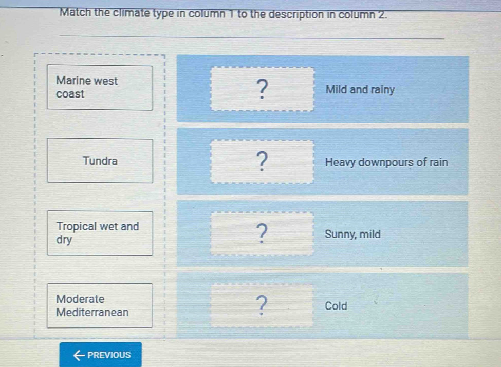 Match the climate type in column 1 to the description in column 2. 
PREVIOUS