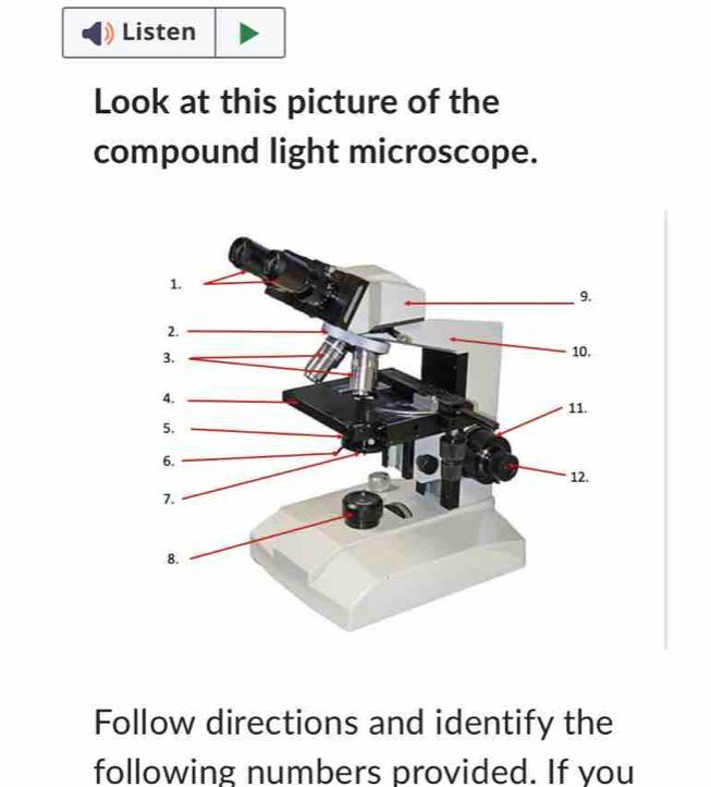 Listen 
Look at this picture of the 
compound light microscope. 
Follow directions and identify the 
following numbers provided. If you