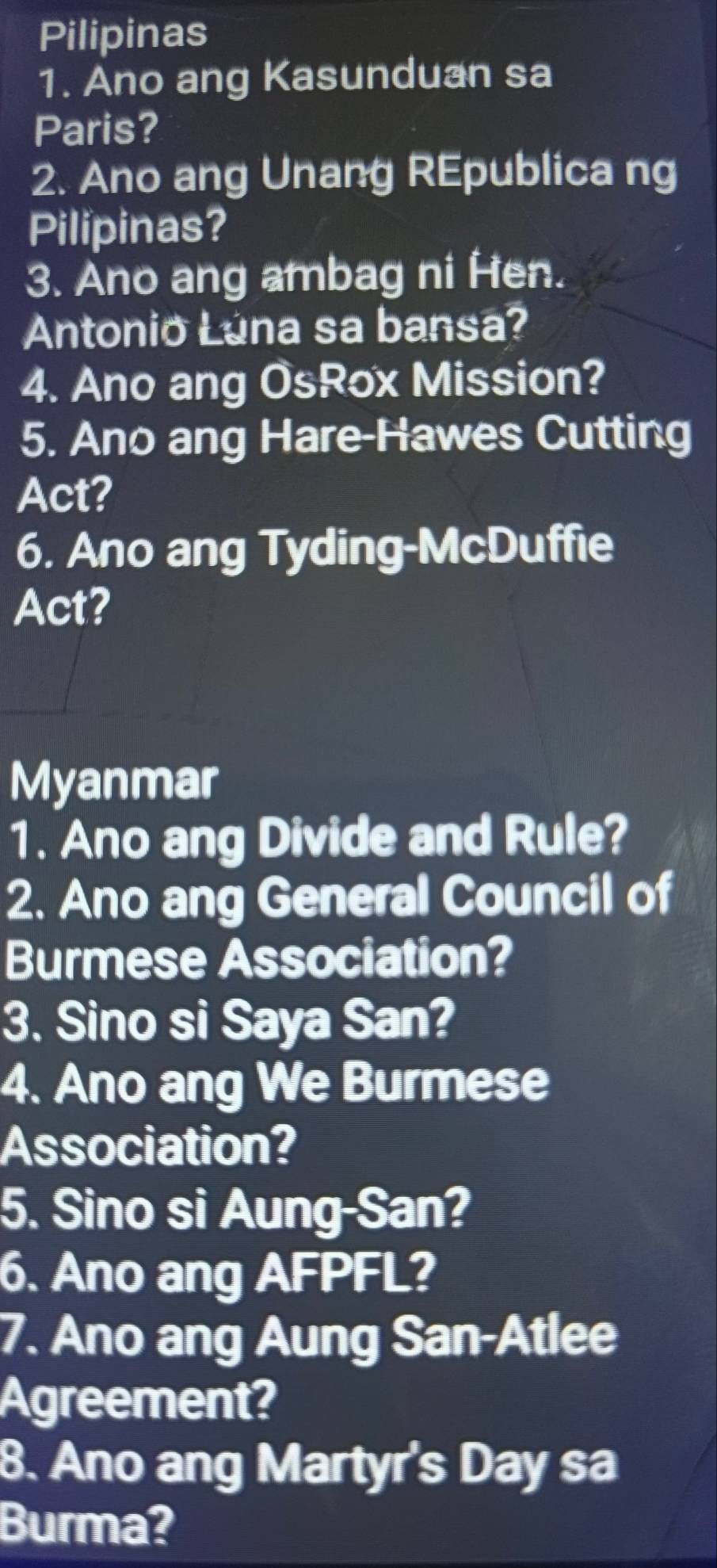 Solved: Pilipinas 1. Ano ang Kasunduan sa Paris? 2. Ano ang Unang ...