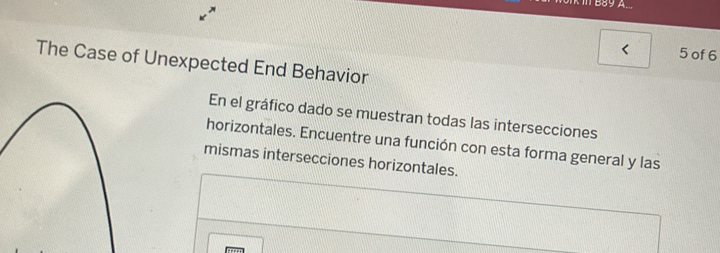 B89 A. 
< 5 of 6 
The Case of Unexpected End Behavior 
En el gráfico dado se muestran todas las intersecciones 
horizontales. Encuentre una función con esta forma general y las 
mismas intersecciones horizontales.