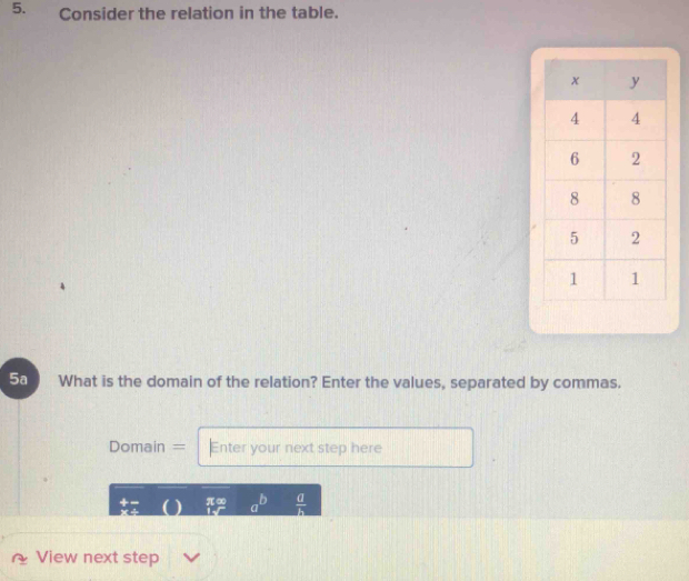 Consider the relation in the table. 
5a What is the domain of the relation? Enter the values, separated by commas. 
Domain = Enter your next step here
π∞  a/b 
a
View next step