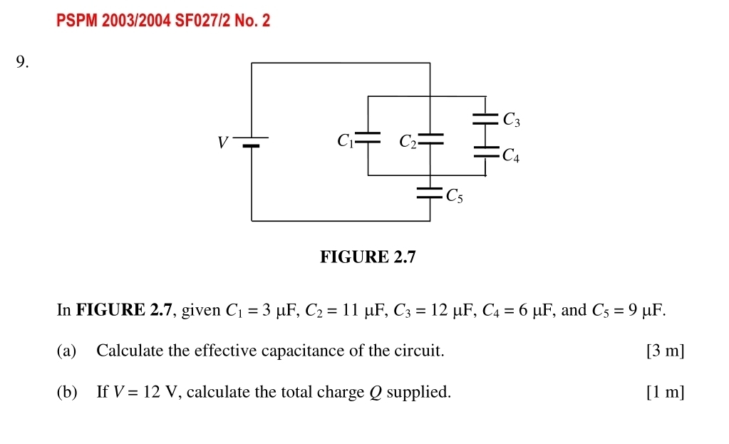 PSPM 2003/2004 SF027/2 No. 2
9.
In FIGURE 2.7, given C_1=3mu F,C_2=11mu F,C_3=12mu F,C_4=6mu F , and C_5=9mu F.
(a) Calculate the effective capacitance of the circuit. [3 m]
(b) If V=12V , calculate the total charge Q supplied. [1 m]