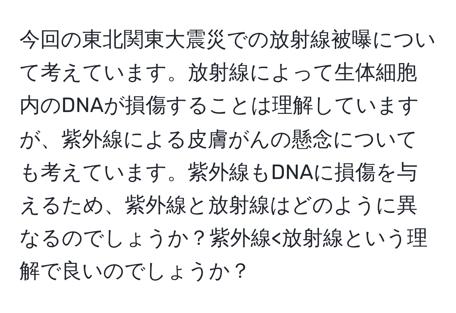 今回の東北関東大震災での放射線被曝について考えています。放射線によって生体細胞内のDNAが損傷することは理解していますが、紫外線による皮膚がんの懸念についても考えています。紫外線もDNAに損傷を与えるため、紫外線と放射線はどのように異なるのでしょうか？紫外線<放射線という理解で良いのでしょうか？