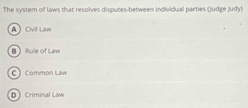 The system of laws that resolves disputes-between individual parties (Judge Judy)
ACivil Law
B Rule of Law
C Common Law
DCriminal Law