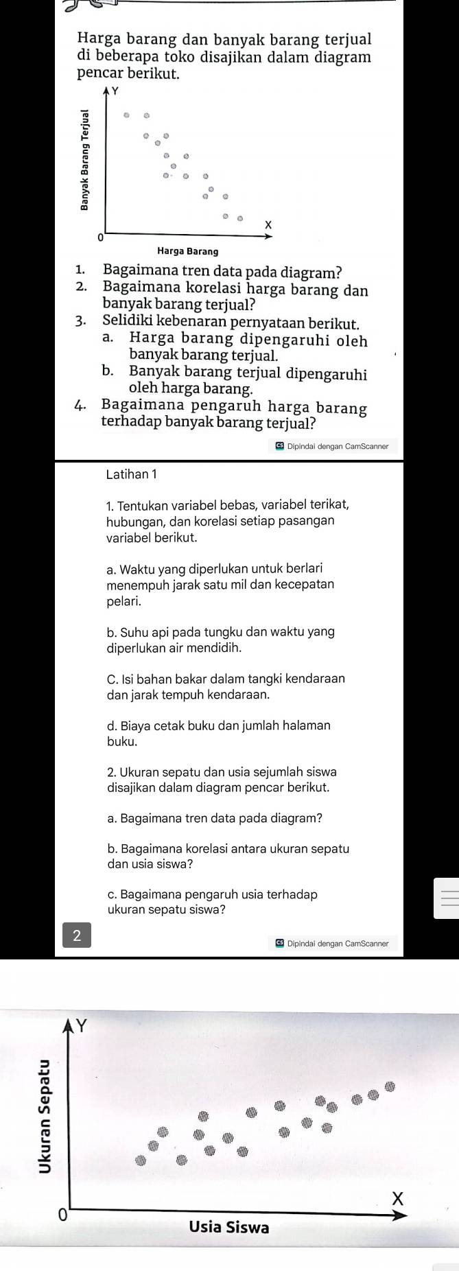 Harga barang dan banyak barang terjual 
di beberapa toko disajikan dalam diagram 
pencar berikut.
X
0
Harga Barang 
1. Bagaimana tren data pada diagram? 
2. Bagaimana korelasi harga barang dan 
banyak barang terjual? 
3. Selidiki kebenaran pernyataan berikut. 
a. Harga barang dipengaruhi oleh 
banyak barang terjual. 
b. Banyak barang terjual dipengaruhi 
oleh harga barang. 
4. Bagaimana pengaruh harga barang 
terhadap banyak barang terjual? 
c5 
Latihan 1 
1. Tentukan variabel bebas, variabel terikat, 
hubungan, dan korelasi setiap pasangan 
variabel berikut. 
a. Waktu yang diperlukan untuk berlari 
menempuh jarak satu mil dan kecepatan 
pelari. 
b. Suhu api pada tungku dan waktu yang 
diperlukan air mendidih. 
C. Isi bahan bakar dalam tangki kendaraan 
dan jarak tempuh kendaraan. 
d. Biaya cetak buku dan jumlah halaman 
buku. 
2. Ukuran sepatu dan usia sejumlah siswa 
disajikan dalam diagram pencar berikut. 
a. Bagaimana tren data pada diagram? 
b. Bagaimana korelasi antara ukuran sepatu 
dan usia siswa? 
c. Bagaimana pengaruh usia terhadap 
2 
Dipindai dengan CamScanner
Y
2
X
0
Usia Siswa