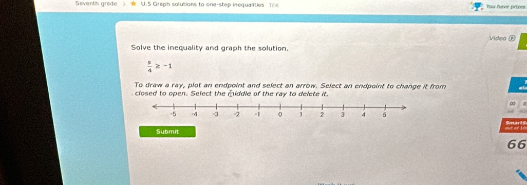 Seventh grade U.5 Graph solutions to one-step inequalities TFK You have prizes 
Video 
Solve the inequality and graph the solution.
 5/4 ≥ -1
To draw a ray, plot an endpoint and select an arrow. Select an endpoint to change it from 
closed to open. Select the middle of the ray to delete it. 
0 
Submit Smart 
66