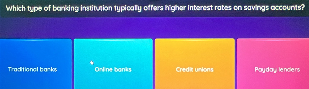 Which type of banking institution typically offers higher interest rates on savings accounts?
Traditional banks Online banks Credit unions Payday lenders