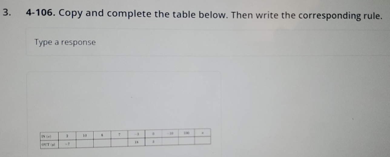 4-106. Copy and complete the table below. Then write the corresponding rule.
Type a response