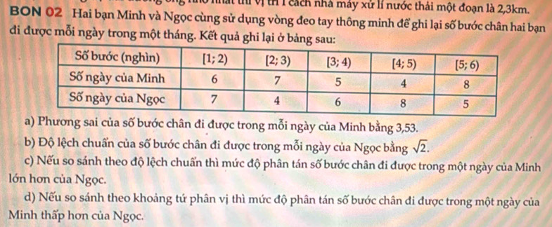 thí vị th 1 cách nhà máy xử lí nước thải một đoạn là 2,3km.
BON 02 Hai bạn Minh và Ngọc cùng sử dụng vòng đeo tay thông minh để ghi lại số bước chân hai bạn
đi được mỗi ngày trong một tháng. Kết quả ghi lại ở bảng sau:
a) Phương sai của số bước chân đi được trong mỗi ngày của Minh bằng 3,53.
b) Độ lệch chuẩn của số bước chân đi được trong mỗi ngày của Ngọc bằng sqrt(2).
c) Nếu so sánh theo độ lệch chuẩn thì mức độ phân tán số bước chân đi được trong một ngày của Minh
lớn hơn của Ngọc.
d) Nếu so sánh theo khoảng tứ phân vị thì mức độ phân tán số bước chân đi được trong một ngày của
Minh thấp hơn của Ngọc.