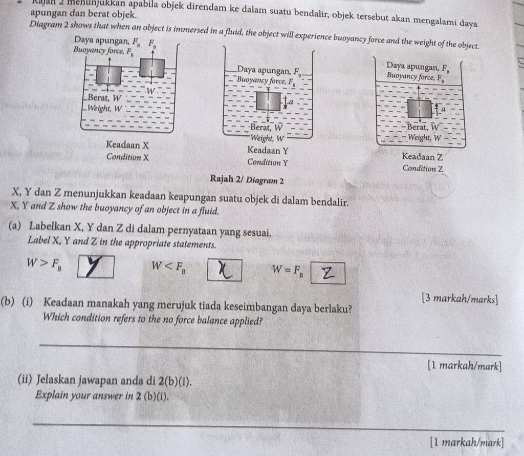 apungan dan berat objek.
Kajan 2 menunjukkan apabila objek direndam ke dalam suatu bendalir, objek tersebut akan mengalami daya
Diagram 2 shows that when an object is immersed in a fluid, the object will experience buoyancy force and the weight of the object.
Daya apungan, F 
Buoyancy force, F
y
Berat, W 
Weight, W 
Keadaan Y Keadaan Z
Condition Y Condition Z
Rajah 2/ Diagram 2
X, Y dan Z menunjukkan keadaan keapungan suatu objek di dalam bendalir.
X, Y and Z show the buoyancy of an object in a fluid.
(a) Labelkan X, Y dan Z di dalam pernyataan yang sesuai.
Label X, Y and Z in the appropriate statements.
W>F_B
W
W=F_B
[3 markah/marks]
(b) (i) Keadaan manakah yang merujuk tiada keseimbangan daya berlaku?
Which condition refers to the no force balance applied?
_
[1 markah/mark]
(ii) Jelaskan jawapan anda di 2(b)(i).
Explain your answer in 2 (b)(i).
_
_
[1 markah/mark]