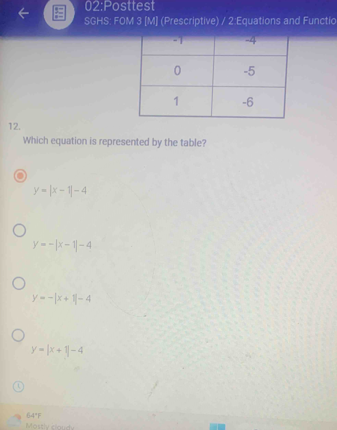 02:Posttest
SGHS: FOM 3 [M] (Prescriptive) / 2:Equations and Functio
12.
Which equation is represented by the table?
y=|x-1|-4
y=-|x-1|-4
y=-|x+1|-4
y=|x+1|-4
64°F
Mostly cloudy