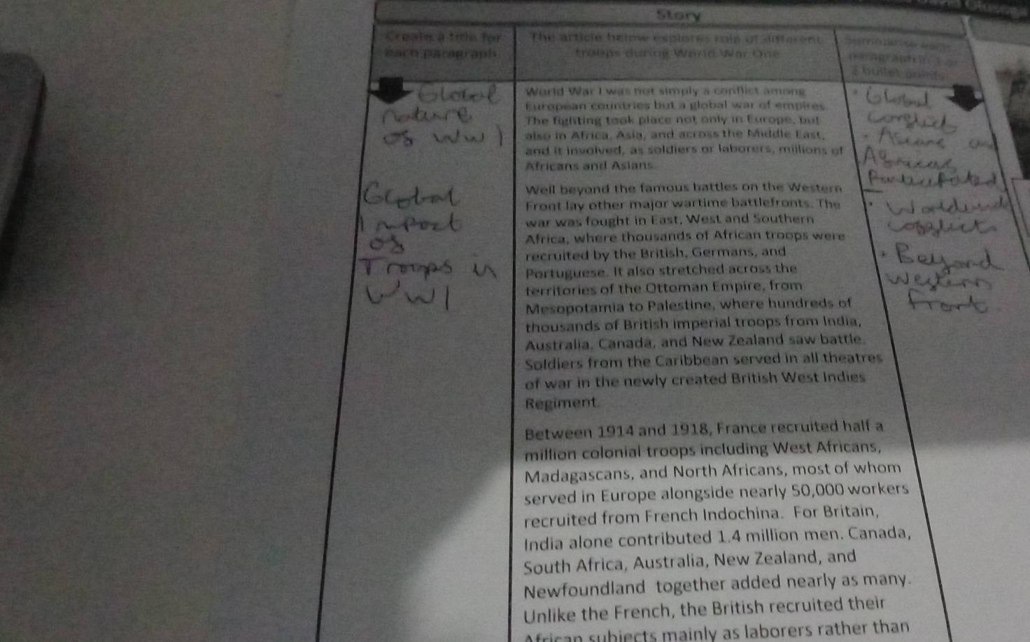 Story 
Create à trchs for The article beiow espiores mole of siferent e t e ão de d 
each paragraph troups during Ward War One naragrant 
I bultet arlet 
World War I was not simply a conflict among 
European countries but a global war of empires. 
The fighting took place not only in Europe, but 
also in Africa. Asia, and across the Middle East, 
and it involved, as soldiers or laborers, millions of 
Africans and Asians. 
Well beyond the famous battles on the Western 
Front lay other major wartime battlefronts. The 
war was fought in East. West and Southern 
Africa, where thousands of African troops were 
recruited by the British, Germans, and 
Portuguese. It also stretched across the 
territories of the Ottoman Empire, from 
Mesopotamia to Palestine, where hundreds of 
thousands of British imperial troops from India. 
Australia, Canadá, and New Zealand saw battle. 
Soldiers from the Caribbean served in all theatres 
of war in the newly created British West Indies 
Regiment 
Between 1914 and 1918, France recruited half a 
million colonial troops including West Africans, 
Madagascans, and North Africans, most of whom 
served in Europe alongside nearly 50,000 workers 
recruited from French Indochina. For Britain, 
India alone contributed 1.4 million men. Canada, 
South Africa, Australia, New Zealand, and 
Newfoundland together added nearly as many. 
Unlike the French, the British recruited their 
African subiects mainly as laborers rather than