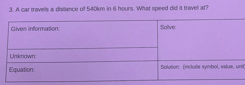 A car travels a distance of 540km in 6 hours. What speed did it travel at? 
it)