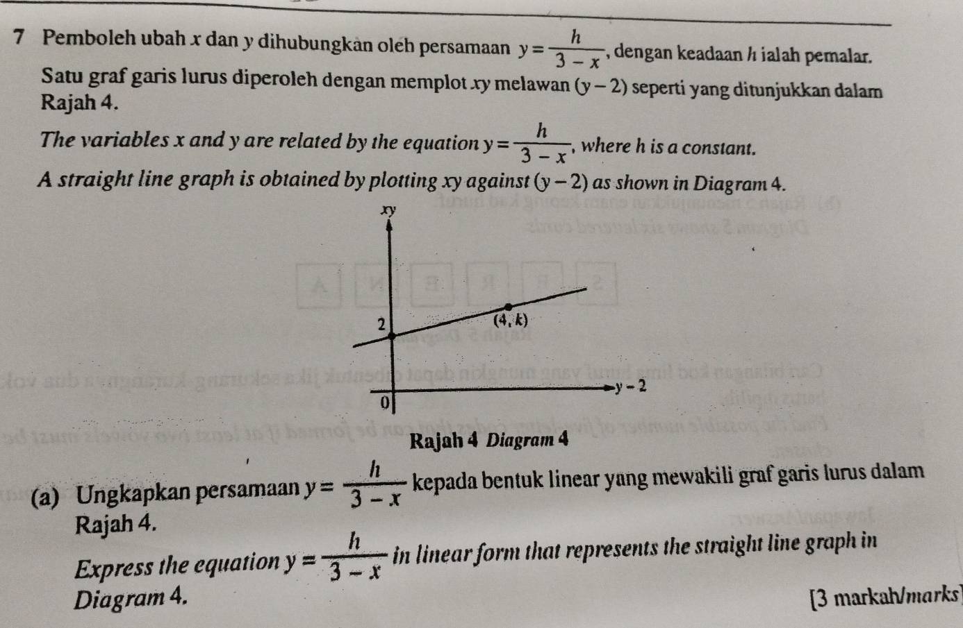 Pemboleh ubah x dan y dihubungkán oleh persamaan y= h/3-x  , dengan keadaan h ialah pemalar.
Satu graf garis lurus diperoleh dengan memplot xy melawan (y-2) seperti yang ditunjukkan dalam
Rajah 4.
The variables x and y are related by the equation y= h/3-x  , where h is a constant.
A straight line graph is obtained by plotting xy against (y-2) as shown in Diagram 4.
Rajah 4 Diagram 4
(a) Ungkapkan persamaan y= h/3-x  kepada bentuk linear yang mewakili graf garis lurus dalam .
Rajah 4.
Express the equation y= h/3-x  in linear form that represents the straight line graph in
Diagram 4. [3 markah/marks