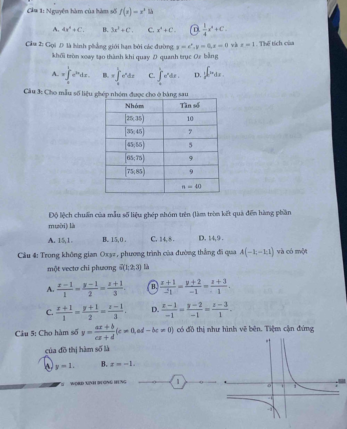 Nguyên hàm của hàm số f(x)=x^3 là
A. 4x^4+C. B. 3x^2+C. C. x^4+C. D.  1/4 x^4+C.
Câu 2: Gọi D là hình phẳng giới hạn bởi các đường y=e^x,y=0,x=0 và x=1. Thể tích của
khối tròn xoay tạo thành khi quay D quanh trục Ox bằng
A. π ∈t _0^(le^2x)dx. B. π ∈t _0^(1e^x)dx C. ∈t _a^(1e^x)dx. D. ∈tlimits _0^(1e^2x^2x)dx.
Câu 3: Cho mẫu số liệu ghép n
Độ lệch chuẩn của mẫu số liệu ghép nhóm trên (làm tròn kết quả đến hàng phần
mười) là
A. 15,1. B. 15, 0 . C. 14, 8 . D. 14, 9 .
Câu 4: Trong không gian Oxyz, phương trình của đường thẳng đi qua A(-1;-1;1) và có một
một vectơ chi phương vector u(1;2;3) là
A.  (x-1)/1 = (y-1)/2 = (z+1)/3 . B.  (x+1)/-1 = (y+2)/-1 = (z+3)/1 .
C.  (x+1)/1 = (y+1)/2 = (z-1)/3 . D.  (x-1)/-1 = (y-2)/-1 = (z-3)/1 .
Câu 5: Cho hàm số y= (ax+b)/cx+d (c!= 0,ad-bc!= 0) có đồ thị như hình vẽ bên. Tiệm cận đứng
của đồ thị hàm số là
y=1. B. x=-1.
WORD XINH DUONG HUNG 1