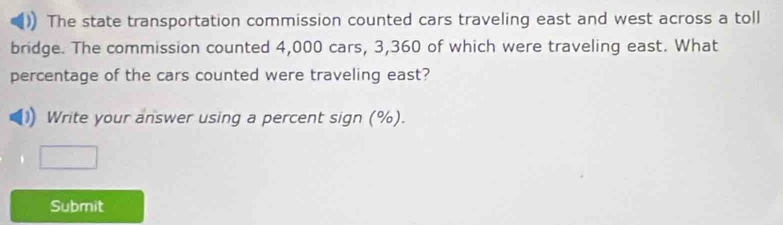 The state transportation commission counted cars traveling east and west across a toll 
bridge. The commission counted 4,000 cars, 3,360 of which were traveling east. What 
percentage of the cars counted were traveling east? 
Write your answer using a percent sign (%). 
Submit