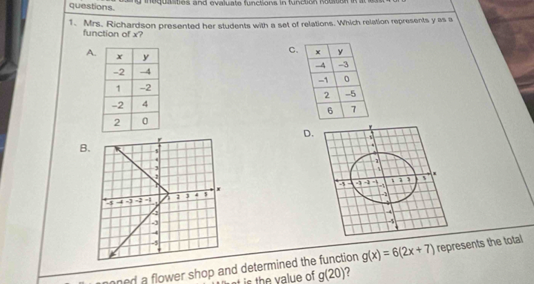 ang inequalities and evaluate functions in function notation in t 
questions. 
1、 Mrs. Richardson presented her students with a set of relations. Which relation represents y as a 
function of x? 
C. 
A 
D 
B 
oned a flower shop and determined the function . g(x)=6(2x+7) represents the total 
th v a lue of g(20)