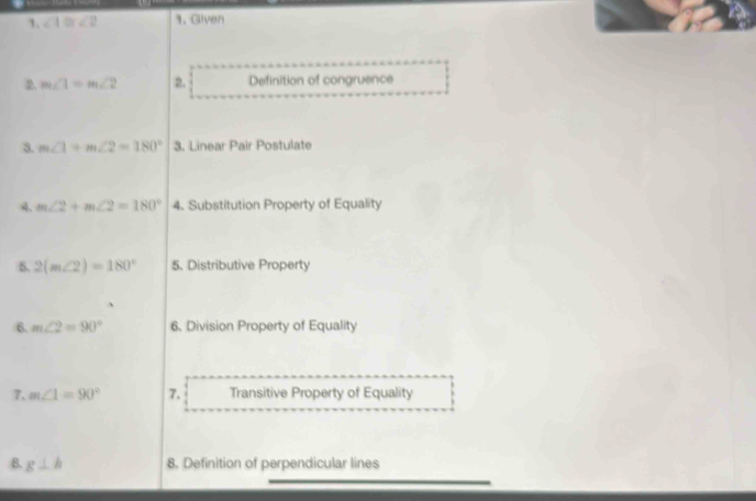 ∠ 1≌ ∠ 2 1. Given 
2. m∠ 1=m∠ 2 2. Definition of congruence 
3. m∠ 1+m∠ 2=180° 3. Linear Pair Postulate 
4. m∠ 2+m∠ 2=180° 4. Substitution Property of Equality 
5. 2(m∠ 2)=180° 5. Distributive Property 
6. m∠ 2=90° 6. Division Property of Equality 
7. m∠ 1=90° 7. Transitive Property of Equality 
B. g⊥ h 8. Definition of perpendicular lines