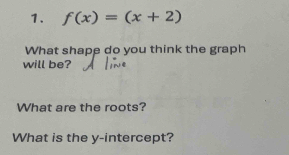 f(x)=(x+2)
What shape do you think the graph 
will be? 
What are the roots? 
What is the y-intercept?