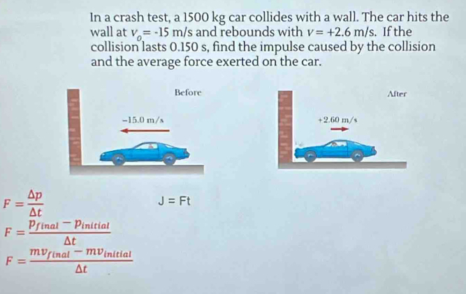 In a crash test, a 1500 kg car collides with a wall. The car hits the 
wall at v_0=-15m/s and rebounds with v=+2.6m/s. If the 
collision lasts 0.150 s, find the impulse caused by the collision 
and the average force exerted on the car.

F= △ p/△ t 
J=Ft
F= (Pfinal-Pinitial)/△ t 
F=frac mv_final-mv_initial△ t