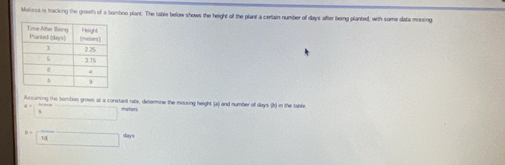 Melissa is tracking the growth of a bamboo plant. The table below shows the height of the plant a certain number of days after being planted, with some data missing 
Assuming the bamboo grows at a constant rate, determine the missing height (a) and number of days (b) in the table
meters
a=6^
b=□ days