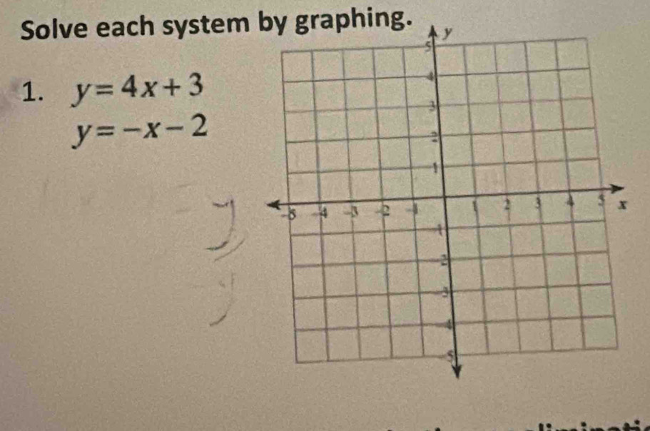 Solve each system by graphing.
1. y=4x+3
y=-x-2