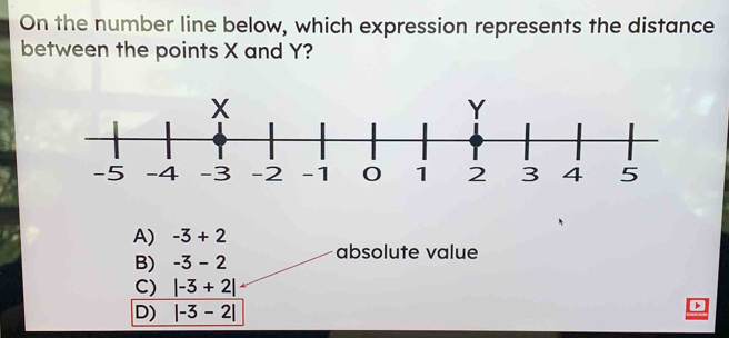 On the number line below, which expression represents the distance
between the points X and Y?
A) -3+2
B) -3-2 absolute value
C) |-3+2|
D) |-3-2| D