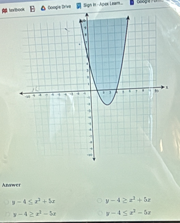 tex Google Drive Sign In - Apex Learn... Googía Form
Answer
y-4≤ x^2+5x
y-4≥ x^2+5x
y-4≥ x^2-5x
y-4≤ x^2-5x