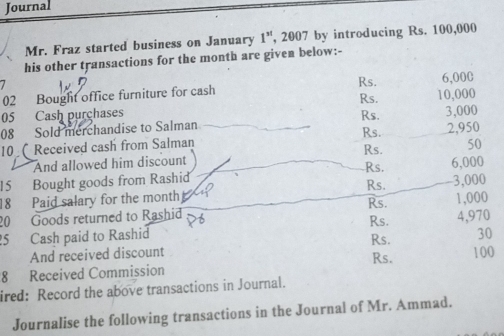 Journal 
Mr. Fraz started business on January 1^(st) ', 2007 by introducing Rs. 100,000
his other transactions for the month are given below:- 
7 
Rs. 
02 Bought office furniture for cash 10,000 6,000
Rs.
05 Cash purchases Rs.
08 Sold merchandise to Salman 3,000
Rs. 
10( Received cash from Salman 2,950
Rs. 50
And allowed him discount Rs. 
15 Bought goods from Rashid 6,000
Rs. 
18 Paid salary for the month 3,000
20 Goods returned to Rashid Rs. 1,000
Rs. 4,970
5 Cash paid to Rashid Rs. 30
And received discount Rs. 100
8 Received Commission 
ired: Record the above transactions in Journal. 
Journalise the following transactions in the Journal of Mr. Ammad.