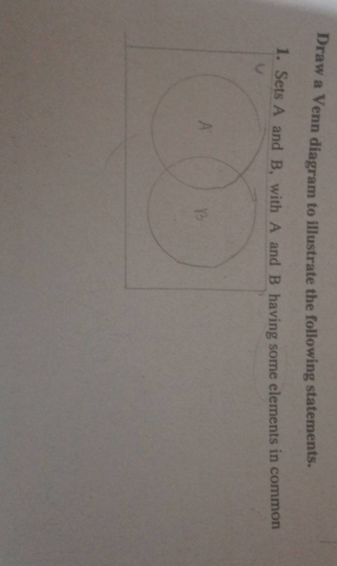 Draw a Venn diagram to illustrate the following statements. 
1. Sets A and B, with A aving some elements in common