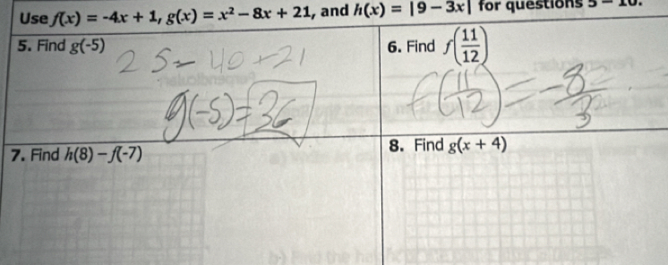 and h(x)=|9-3x| for questions 5-10
7