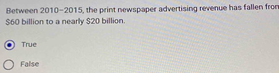 Between 2010-2015, the print newspaper advertising revenue has fallen fron
$60 billion to a nearly $20 billion.
True
False