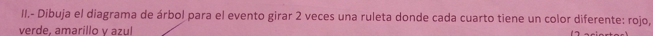 II.- Dibuja el diagrama de árbol para el evento girar 2 veces una ruleta donde cada cuarto tiene un color diferente: rojo, 
verde, amarillo y azul