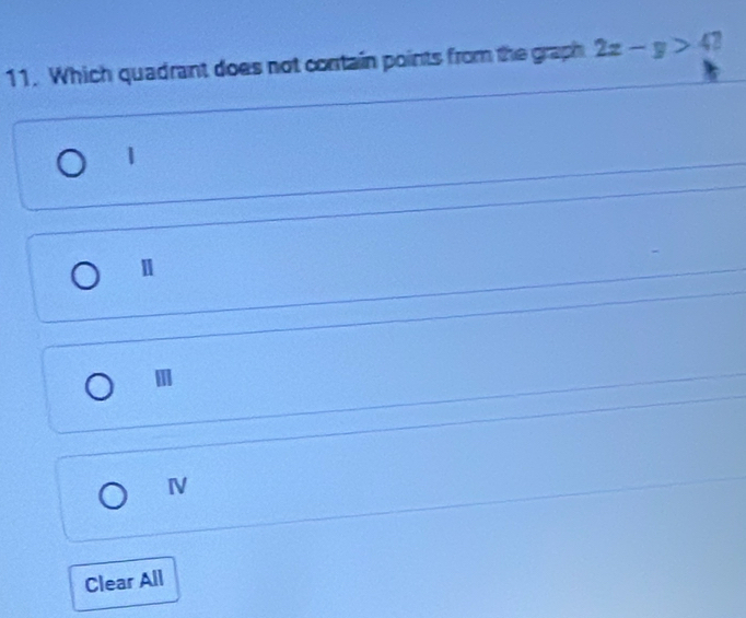 Which quadrant does not contain points from the graph 2x-y>4?
1
IV
Clear All