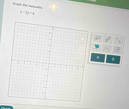 Graph the inequality.
x-2y<4</tex> 
× 
Chack