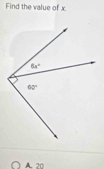 Find the value of x.
A. 20