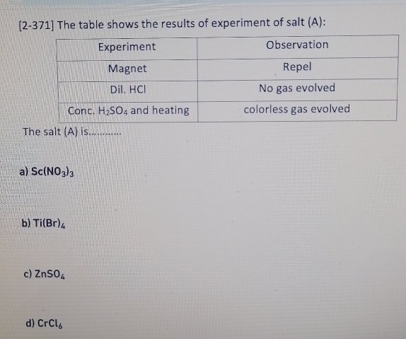 [2-371] The table shows the results of experiment of salt (A):
The salt (A) is. ...…..
a) Sc(NO_3)_3
b) Ti(Br)_4
c) ZnSO_4
d) CrCl_6