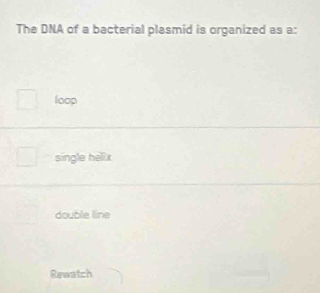 The DNA of a bacterial plasmid is organized as a:
loop
single helix
double line
Rewatch