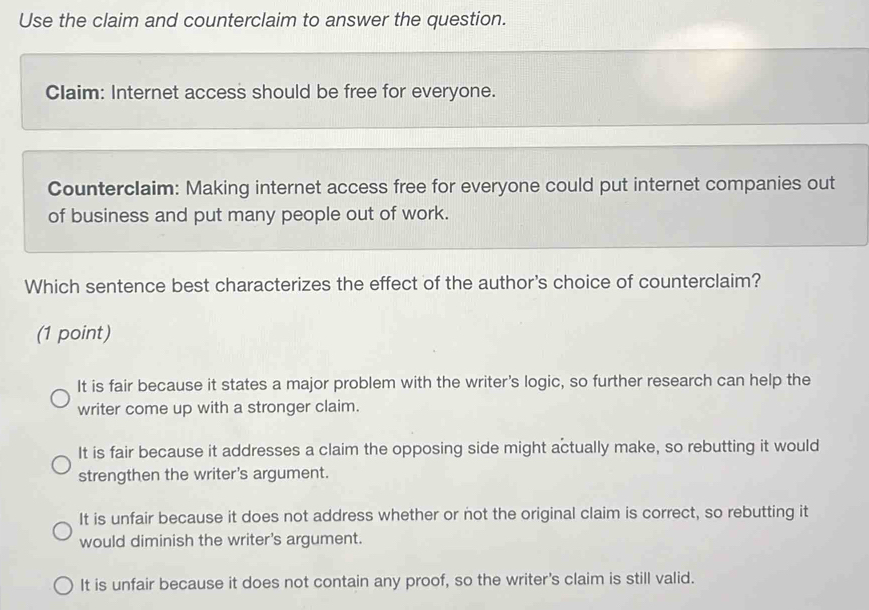 Solved: Use the claim and counterclaim to answer the question. Claim ...