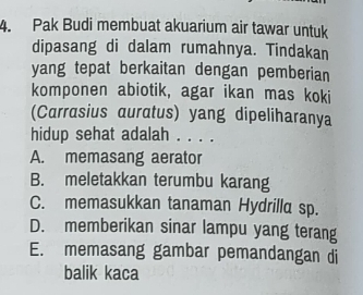 Pak Budi membuat akuarium air tawar untuk
dipasang di dalam rumahnya. Tindakan
yang tepat berkaitan dengan pemberian
komponen abiotik, agar ikan mas koki
(Carrasius auratus) yang dipeliharanya
hidup sehat adalah . . . .
A. memasang aerator
B. meletakkan terumbu karang
C. memasukkan tanaman Hydrilla sp.
D. memberikan sinar lampu yang terang
E. memasang gambar pemandangan di
balik kaca