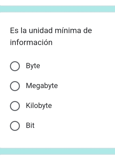 Es la unidad mínima de
información
Byte
Megabyte
Kilobyte
Bit